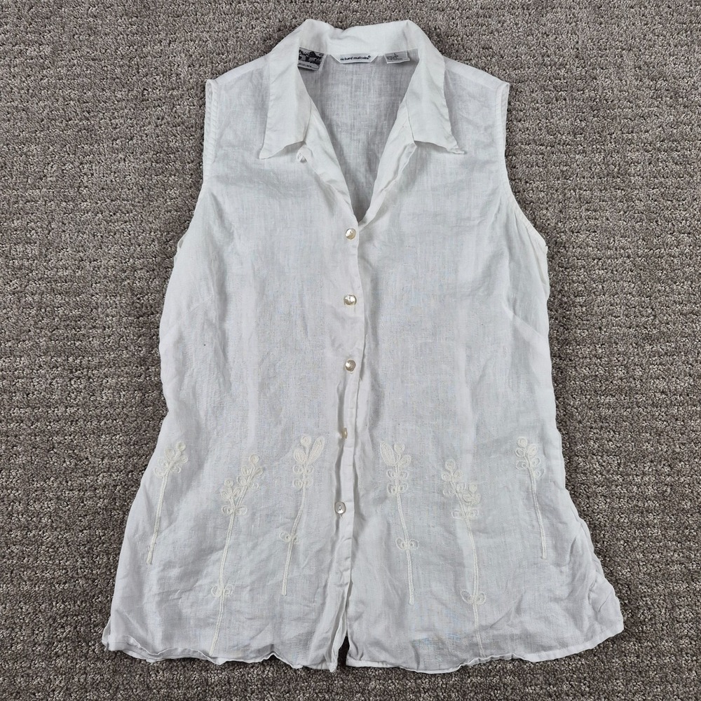Richard Malcolm Irish Linen Top Womens L White Embroidered Blouse Loop Collar